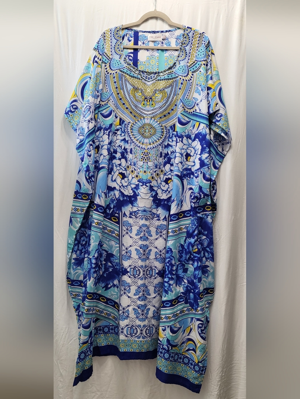 Lavish Blue, White and Yellow Decorative Print Caftan Tunic